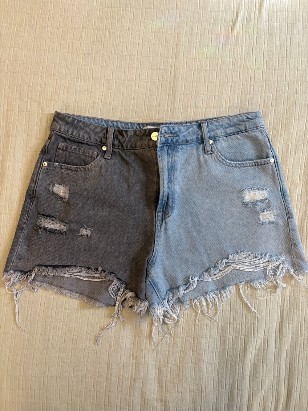 Two-Tone Split Color Distressed Denim Shorts